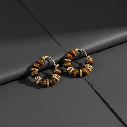 Tiger Eye Beaded Hoop Earrings on black backdrop showing bead detail | OriaJewel