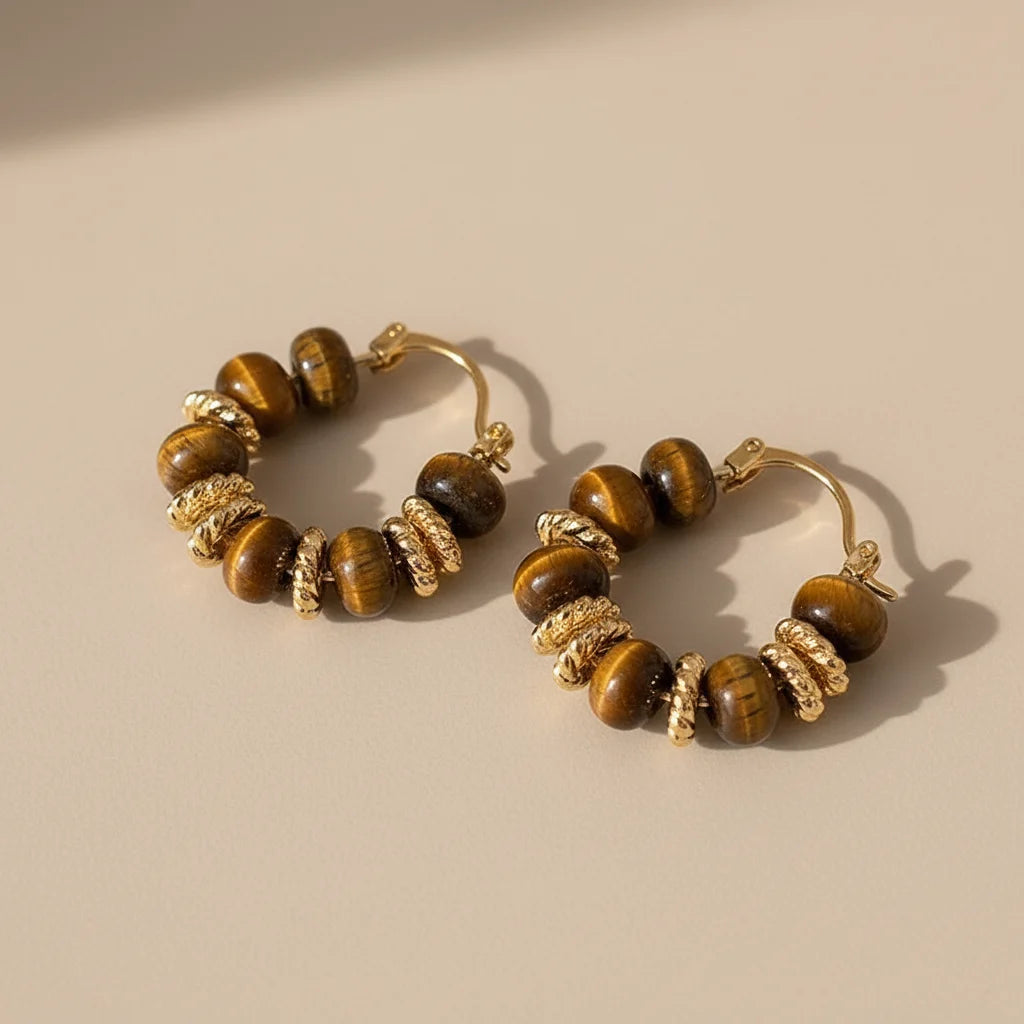 Tiger Eye Beaded Hoop Earrings close-up on beige surface | OriaJewel