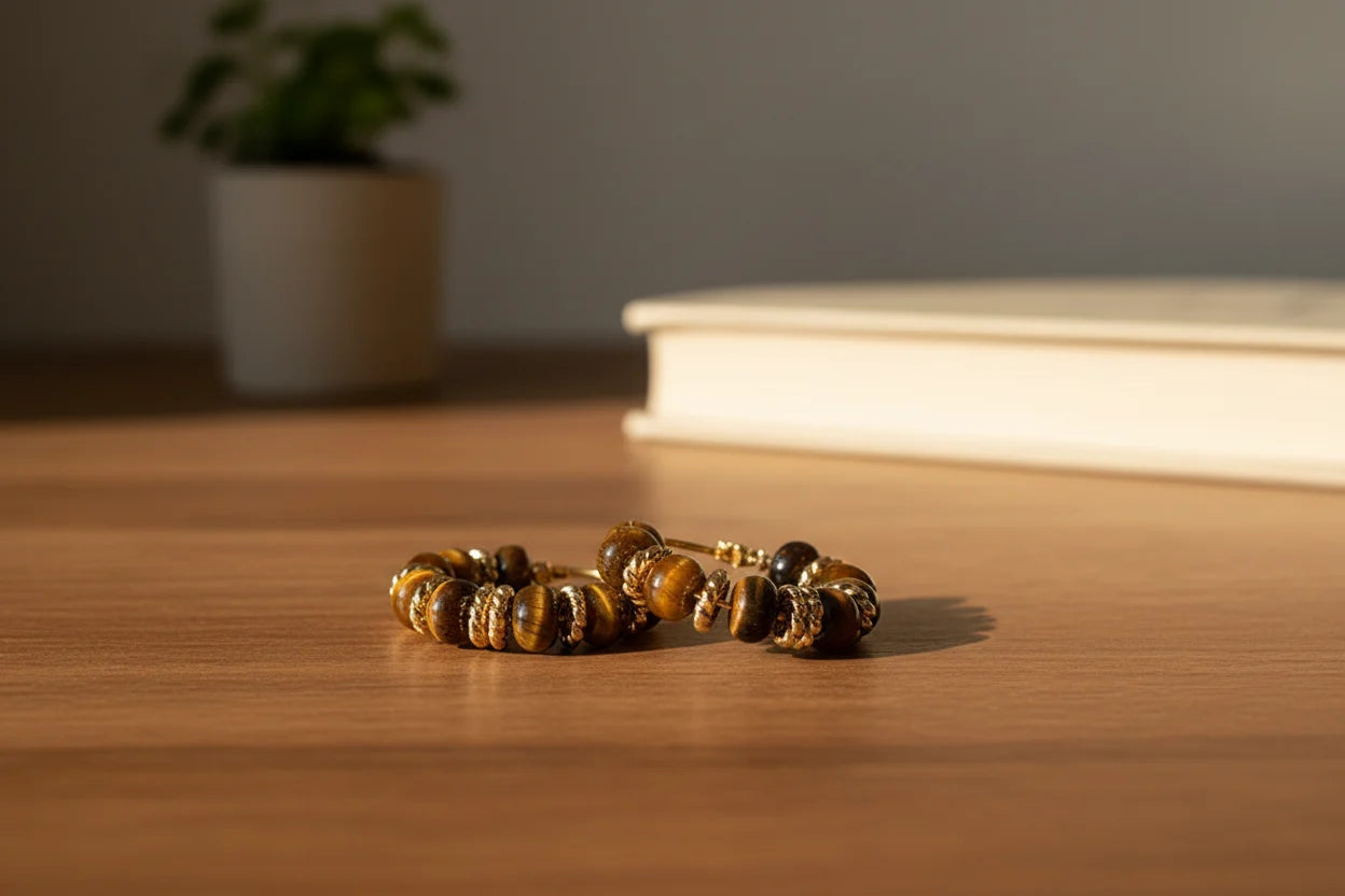 Tiger Eye Beaded Hoop Earrings on wooden table with book in background | OriaJewel