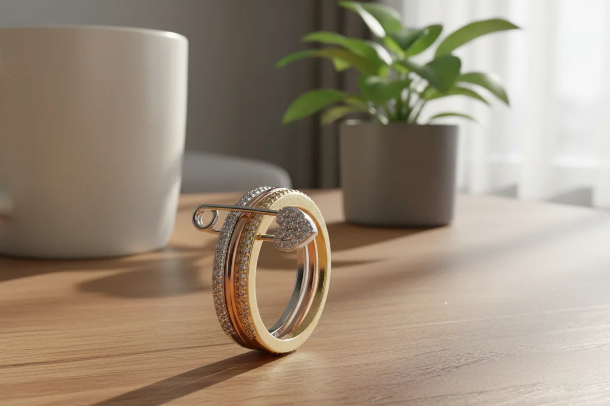 Tri-color stacked band ring standing on a wooden table in soft morning light, featuring a safety pin design with a pavé heart charm and sparkling clear stones — Tri-Color Safety Pin Ring | OriaJewel