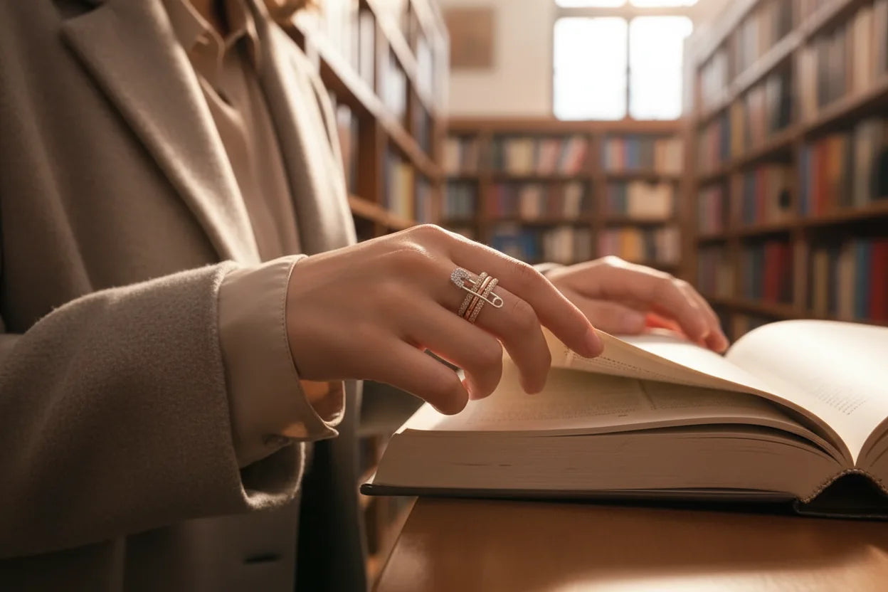 Close-up lifestyle shot of a hand flipping pages in a cozy library, highlighting the safety pin motif and tri-color bands with pavé sparkle — Tri-Color Safety Pin Ring | OriaJewel