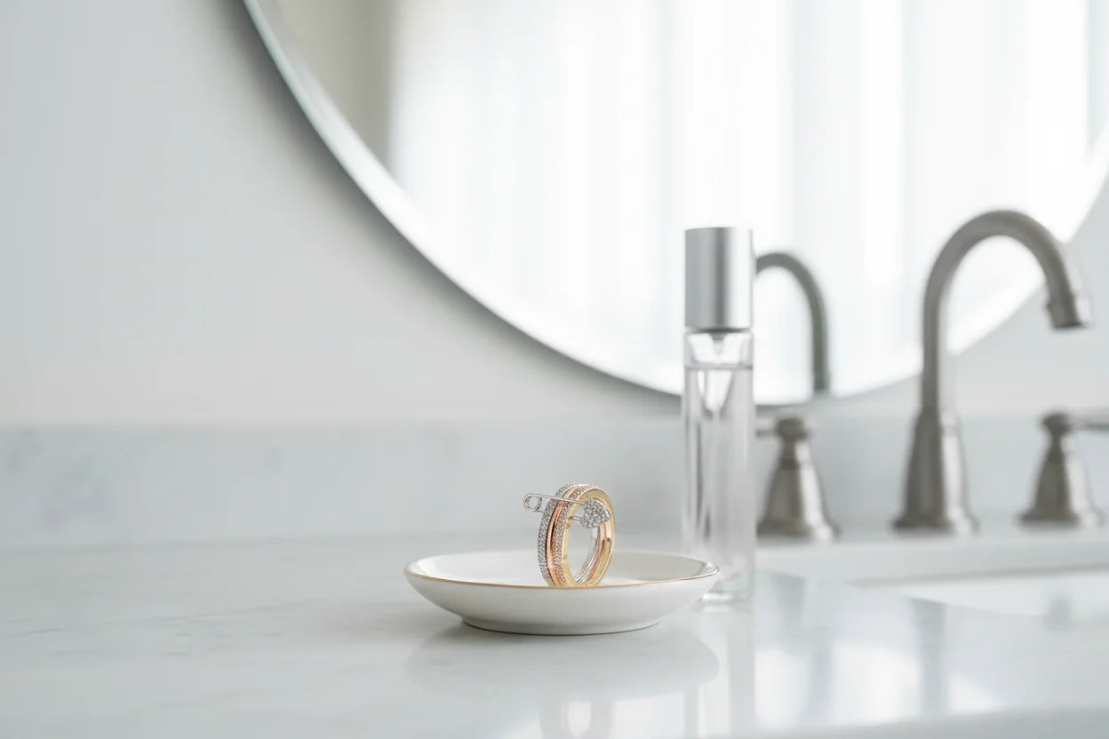 Clean bathroom vanity scene with the ring resting on a small dish near a mirror and faucet, softly lit to highlight the tri-color bands and pavé safety pin heart detail — Tri-Color Safety Pin Ring | OriaJewel