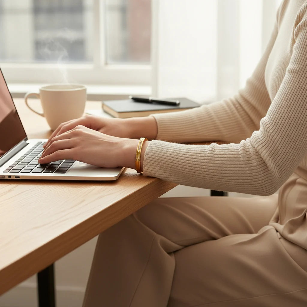 Woman typing on a laptop in a bright home office, wearing a Triple Line Gold Hinged Bangle that adds a polished touch to her neutral knit top and beige trousers | Oria Jewel