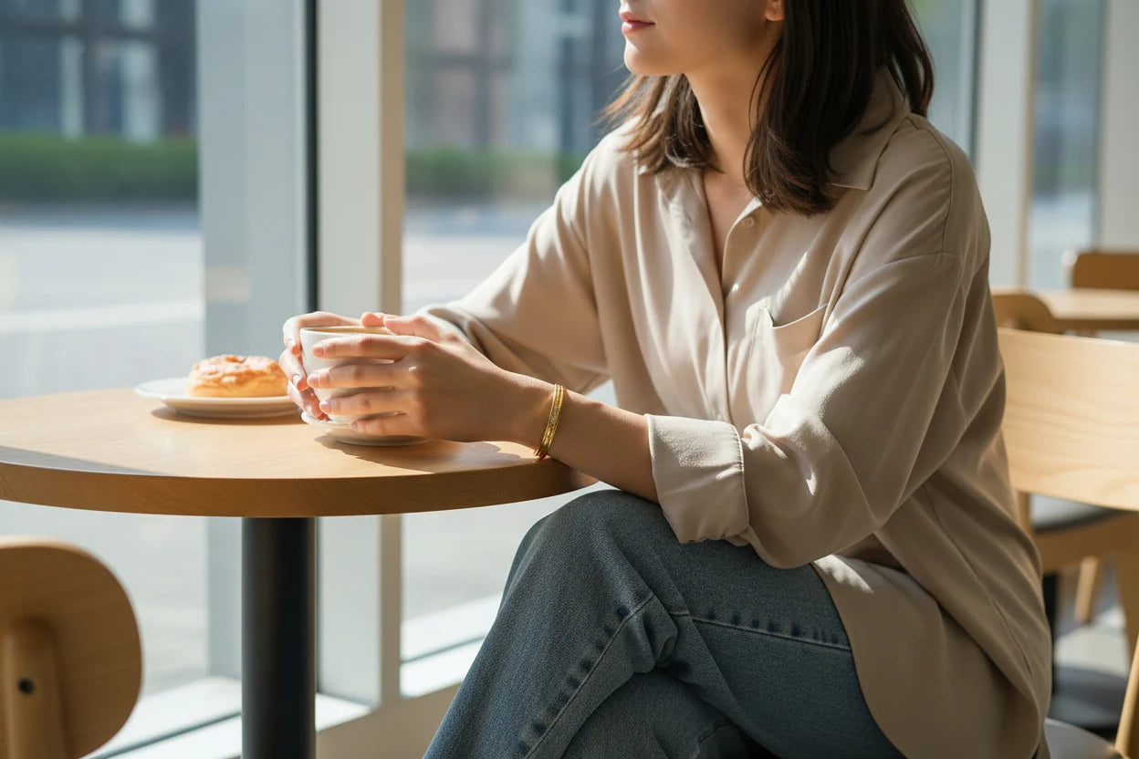 Woman sitting at a café table in daylight, hands wrapped around a cup while wearing the Triple Line Gold Hinged Bangle, styled with a relaxed beige shirt and blue jeans | Oria Jewel