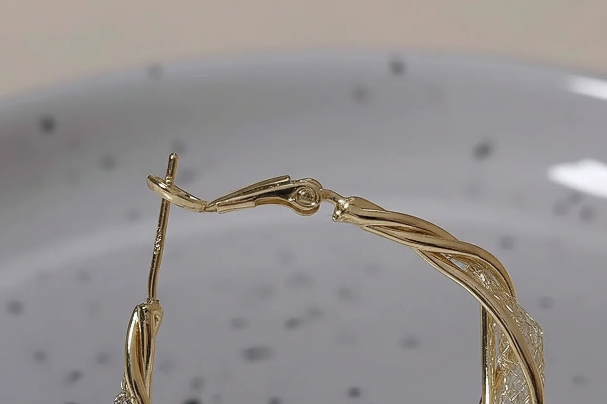 Twisted Crossover Hoop Earrings clasp detail close-up | OriaJewel