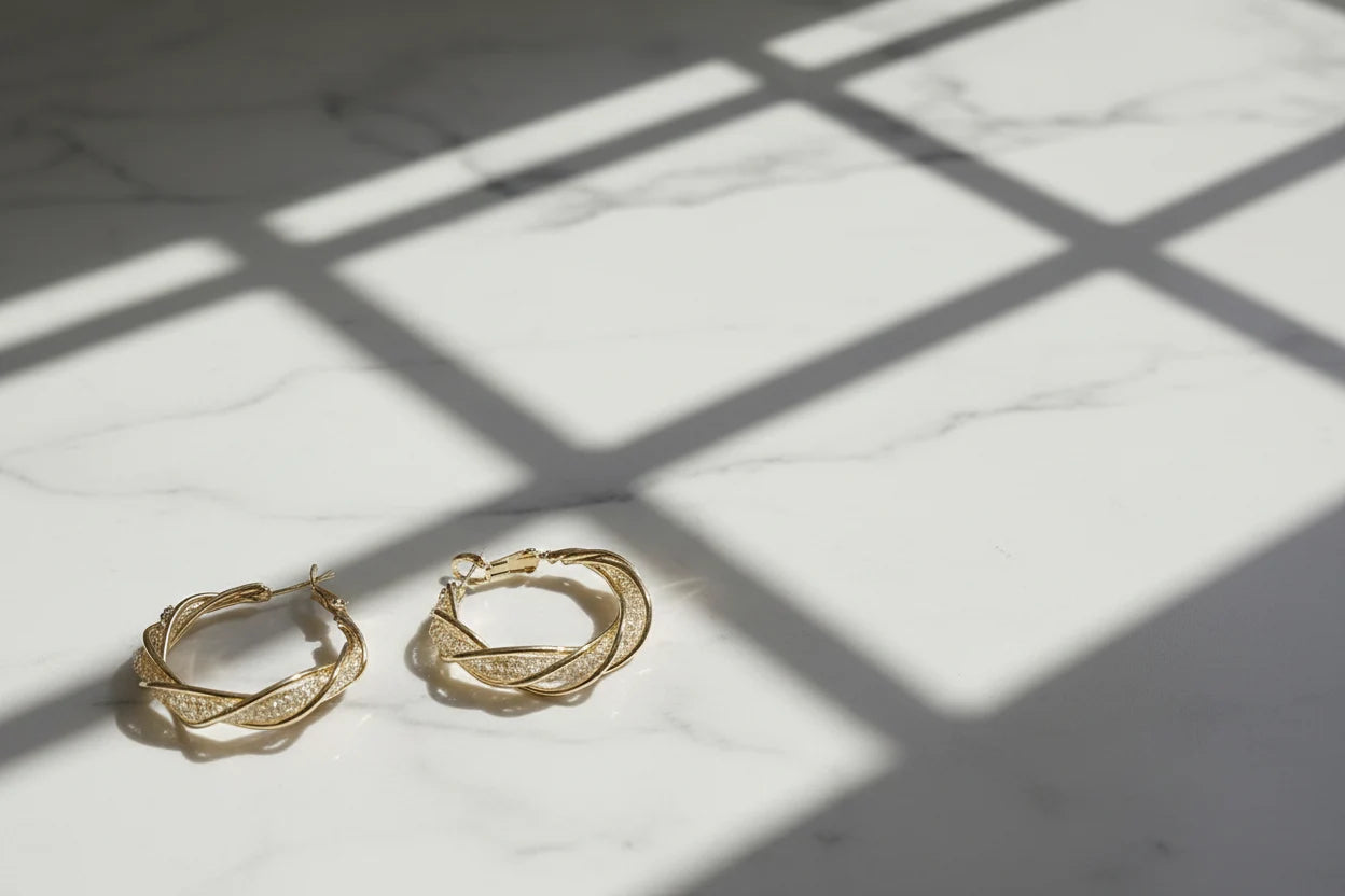 Twisted Crossover Hoop Earrings on marble with window shadows | OriaJewel