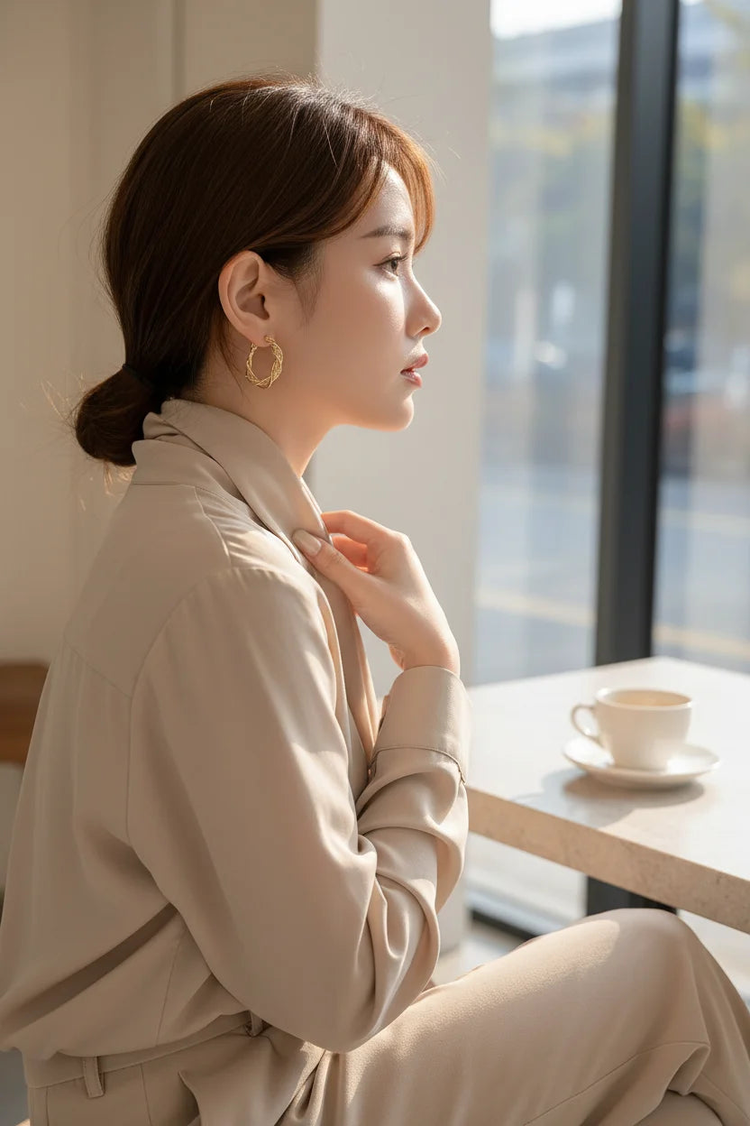 Twisted Crossover Hoop Earrings worn on model at café window | OriaJewel