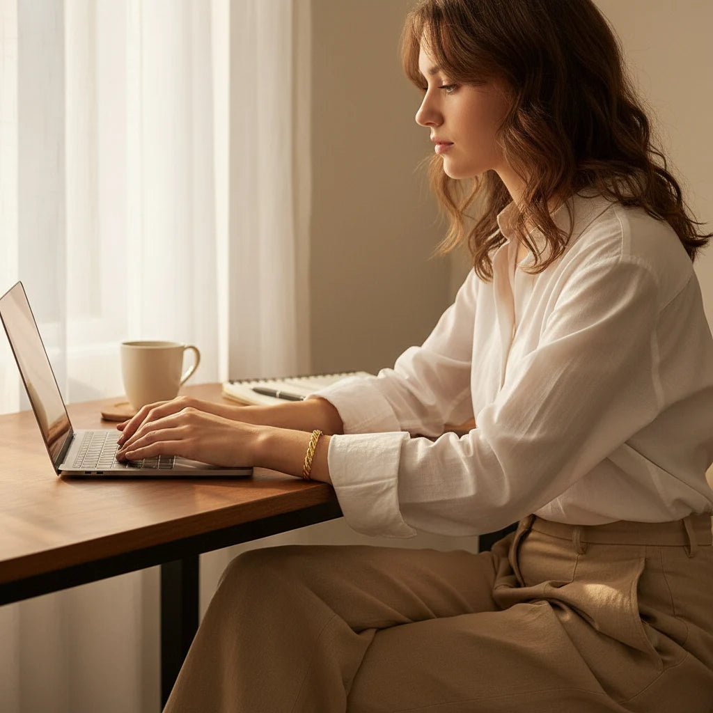 Woman typing on a laptop near a bright window, the Twisted Gold Cuff Bracelet gleaming on her wrist and adding a warm golden accent to her crisp white shirt and beige trousers in a cozy home office setting | Oria Jewel