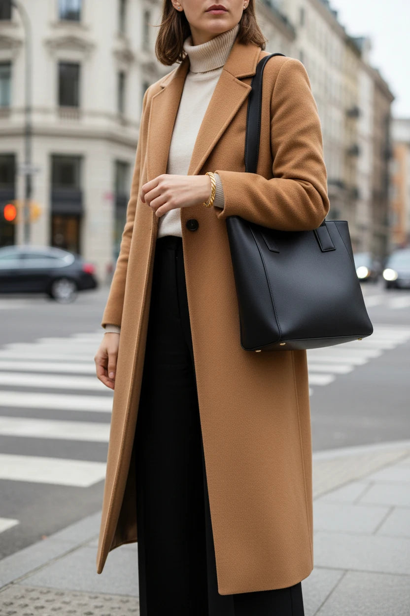 Street-style image of a woman crossing the city in a camel coat and black tote bag, the Twisted Gold Cuff Bracelet peeking from her sleeve as a polished gold accent to her sophisticated winter outfit | Oria Jewel