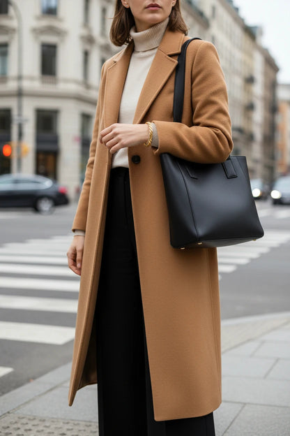 Street-style image of a woman crossing the city in a camel coat and black tote bag, the Twisted Gold Cuff Bracelet peeking from her sleeve as a polished gold accent to her sophisticated winter outfit | Oria Jewel