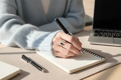 Two Stone Open Ring worn on a hand while writing in a notebook at a bright desk, gold-tone open band with ivory and deep blue rectangular stones | OriaJewel