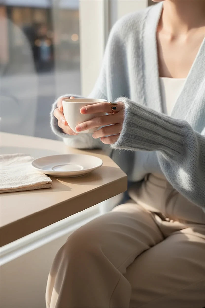 Two Stone Open Ring lifestyle shot while holding a cup near a window, cozy knit sleeves, focus on the gold-tone open ring with ivory and deep blue stones | OriaJewel