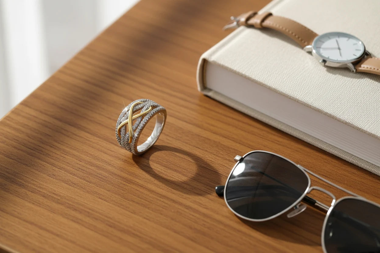 Two Tone Criss Cross Ring on a wooden tabletop next to a fabric-covered book, wristwatch, and sunglasses, lifestyle flat-lay with warm natural light and soft shadows | OriaJewel