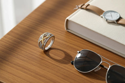 Two Tone Criss Cross Ring on a wooden tabletop next to a fabric-covered book, wristwatch, and sunglasses, lifestyle flat-lay with warm natural light and soft shadows | OriaJewel
