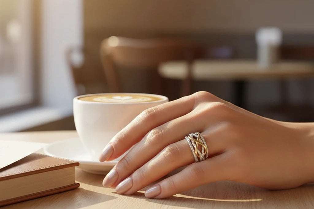 Two Tone Criss Cross Ring close-up hand resting beside a latte in a cafe setting, soft bokeh background highlighting the two-tone infinity crossover and pavé shine | OriaJewel