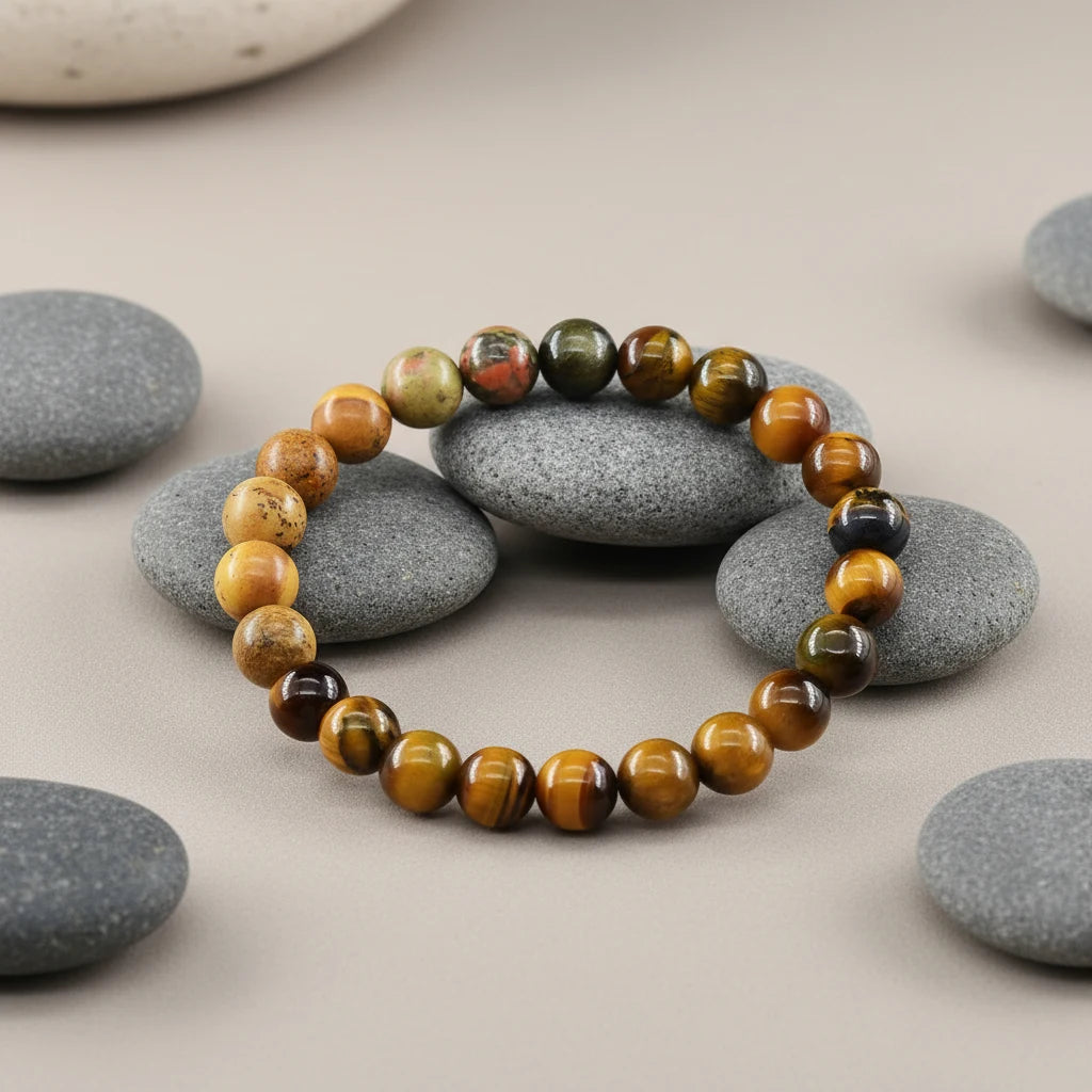 Close-up of Venus Energy Crystal Bracelet resting on smooth grey pebbles in calm Zen layout | Oria Jewel