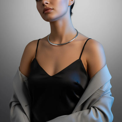 Vintage Choker Necklace in silver styled with black satin cami and gray blazer for bold and modern elegance | Oria Jewel