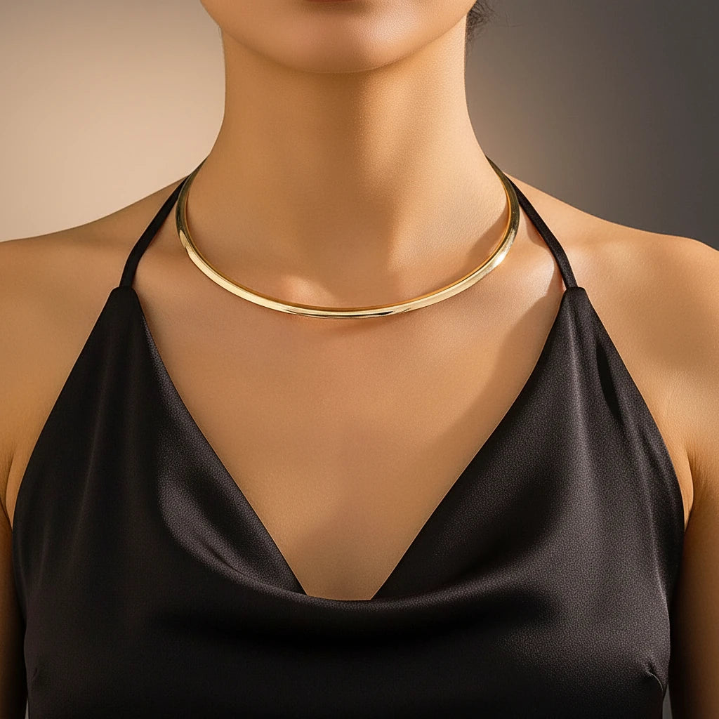 Vintage Choker Necklace in gold paired with black satin top for an elegant evening look | Oria Jewel
