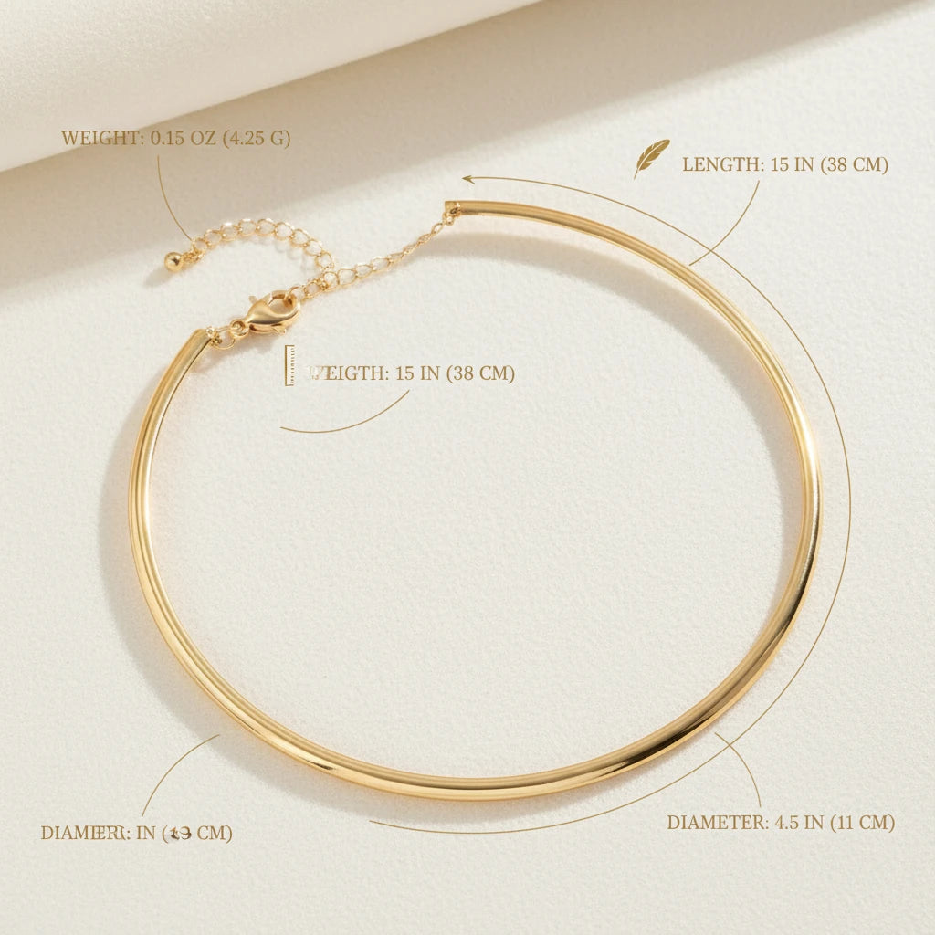 Vintage Choker Necklace in gold showing dimensions, weight, and length details on beige background | Oria Jewel