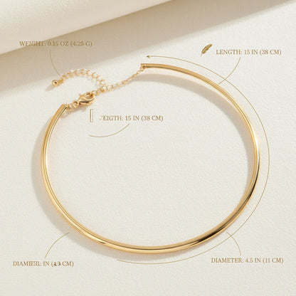 Vintage Choker Necklace in gold showing dimensions, weight, and length details on beige background | Oria Jewel