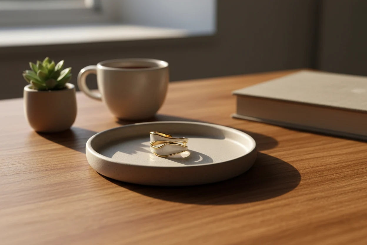 White Enamel Open Wave Ring placed on a ceramic tray on a wooden table beside a coffee cup and book, warm sunlight highlighting the layered wave design and glossy enamel | OriaJewel
