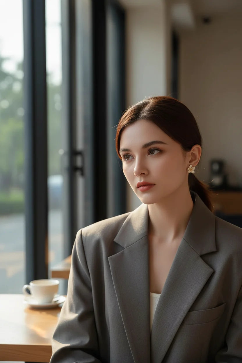 Model wearing White Flower CZ Stud Earrings in a grey blazer | OriaJewel