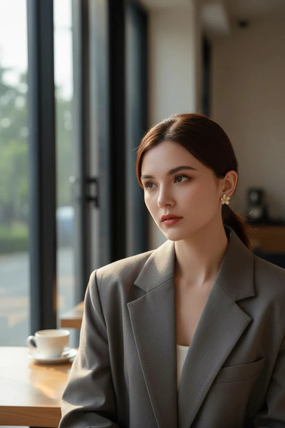 Model wearing White Flower CZ Stud Earrings in a grey blazer | OriaJewel