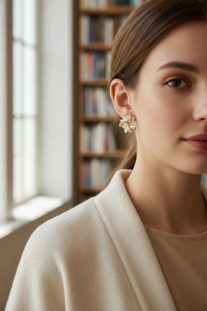 Model wearing White Petal Cluster Stud Earrings close-up | OriaJewel