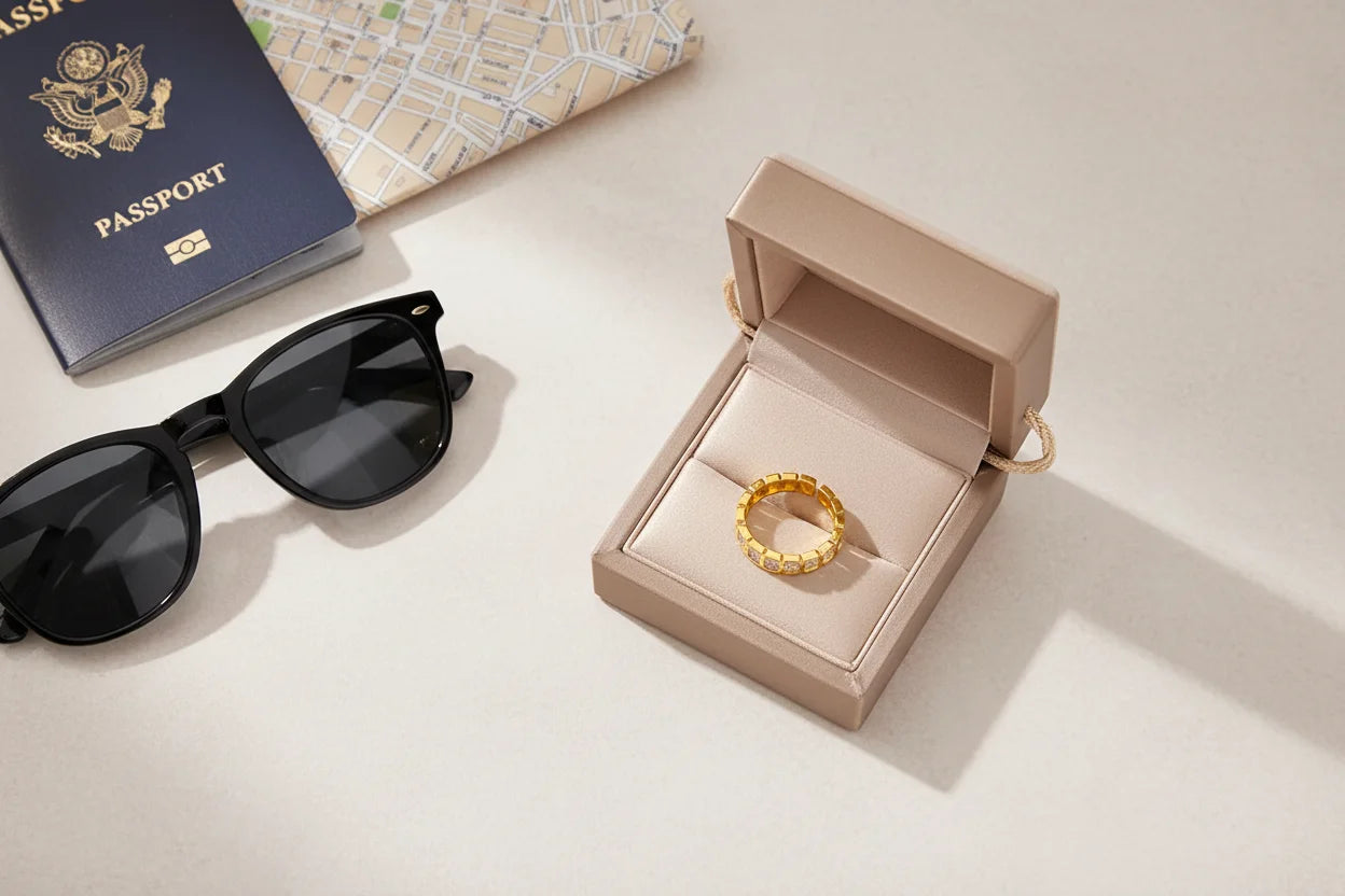 White stone band ring displayed inside an open beige ring box, travel-inspired flat lay with sunglasses, passport, and map under bright sunlight | OriaJewel