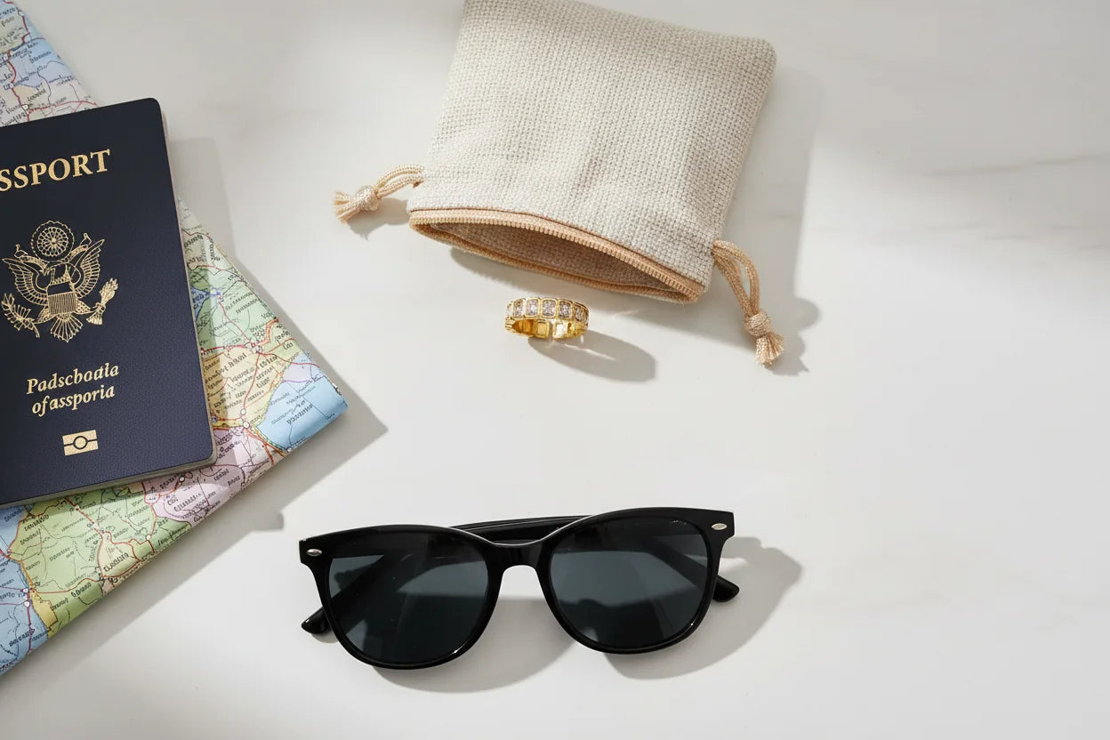 White stone band ring styled on a white surface with a travel pouch, sunglasses, and passport, creating a chic “ready-to-go” accessories flat lay | OriaJewel