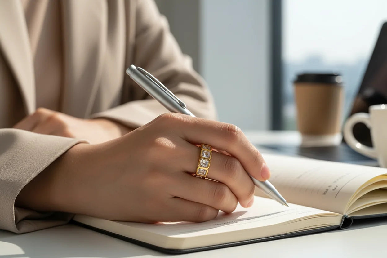 White stone band ring on a woman’s hand while writing in a notebook, bright workspace lifestyle scene with soft daylight and coffee cups in the background | OriaJewel