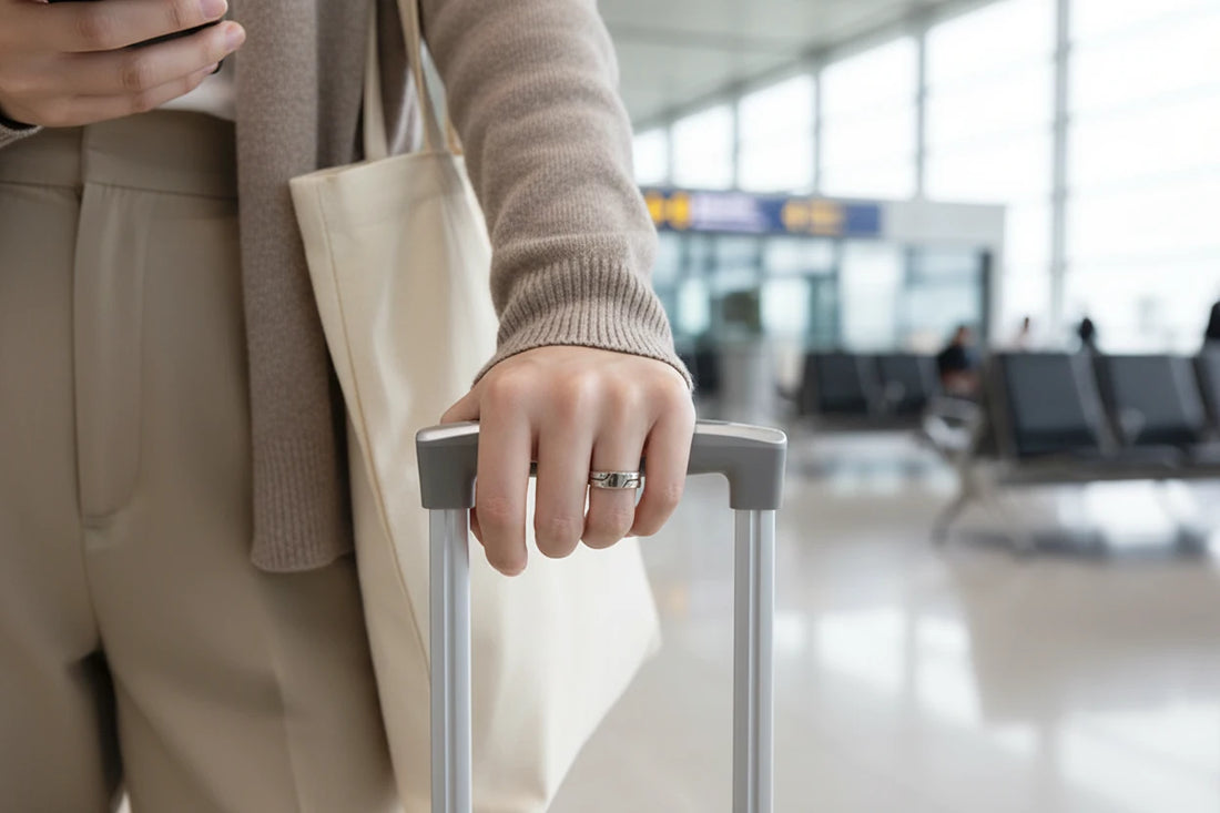 Wide Silver Band Ring worn on a hand gripping a suitcase handle in an airport terminal, showing the sleek silver finish and modern groove detail with a soft blurred travel background | OriaJewel