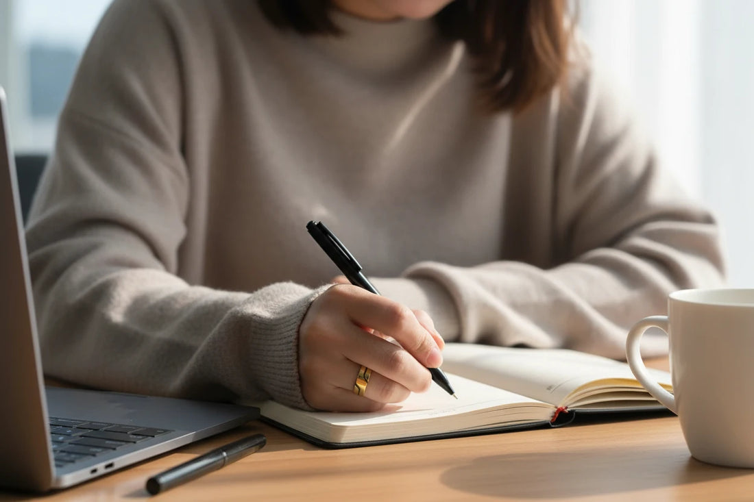 Wide Gold Band Ring worn on a hand while writing in a notebook beside a laptop and coffee cup, showing the sleek wide band profile in soft natural daylight | OriaJewel