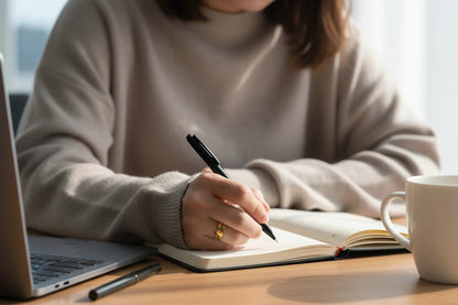 Wide Gold Band Ring worn on a hand while writing in a notebook beside a laptop and coffee cup, showing the sleek wide band profile in soft natural daylight | OriaJewel