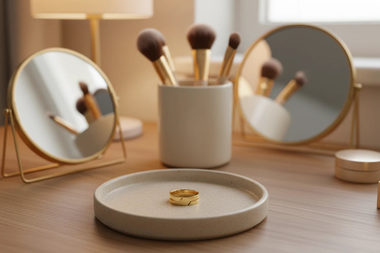 Wide Gold Band Ring displayed on a minimal tray on a vanity table, surrounded by makeup brushes and round mirrors, highlighting the polished wide band in warm indoor light | OriaJewel