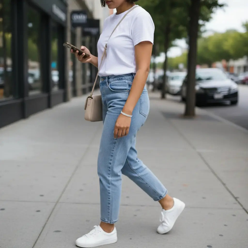 Street-style shot of a woman walking in light-wash jeans, white sneakers, and a white T-shirt, with silver Xaria Pavé Wrist Cuff adding a chic accent to her casual outfit | Oria Jewel