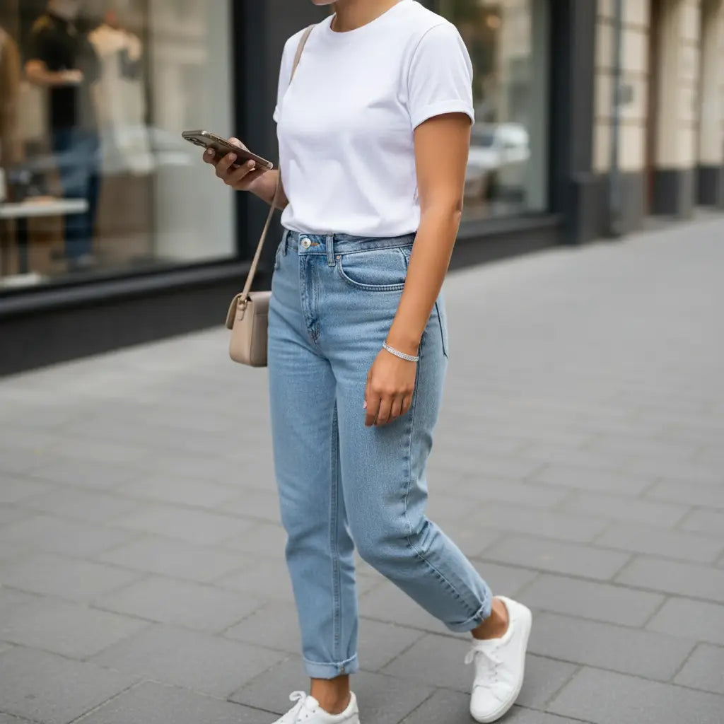 Close street view of a woman in jeans and a white T-shirt checking her phone, highlighting the sparkle of silver Xaria Pavé Wrist Cuff on her wrist for everyday wear | Oria Jewel