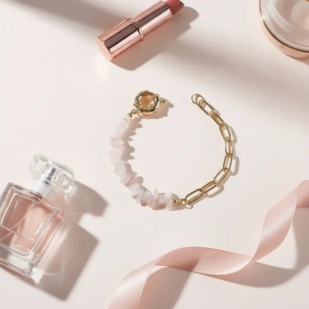 Rose-toned flat lay featuring a gold chain and pale pink gemstone chip amethyst bead bracelet arranged with a perfume bottle, lipstick and ribbon on a blush background for a romantic, feminine vibe | Oria Jewel
