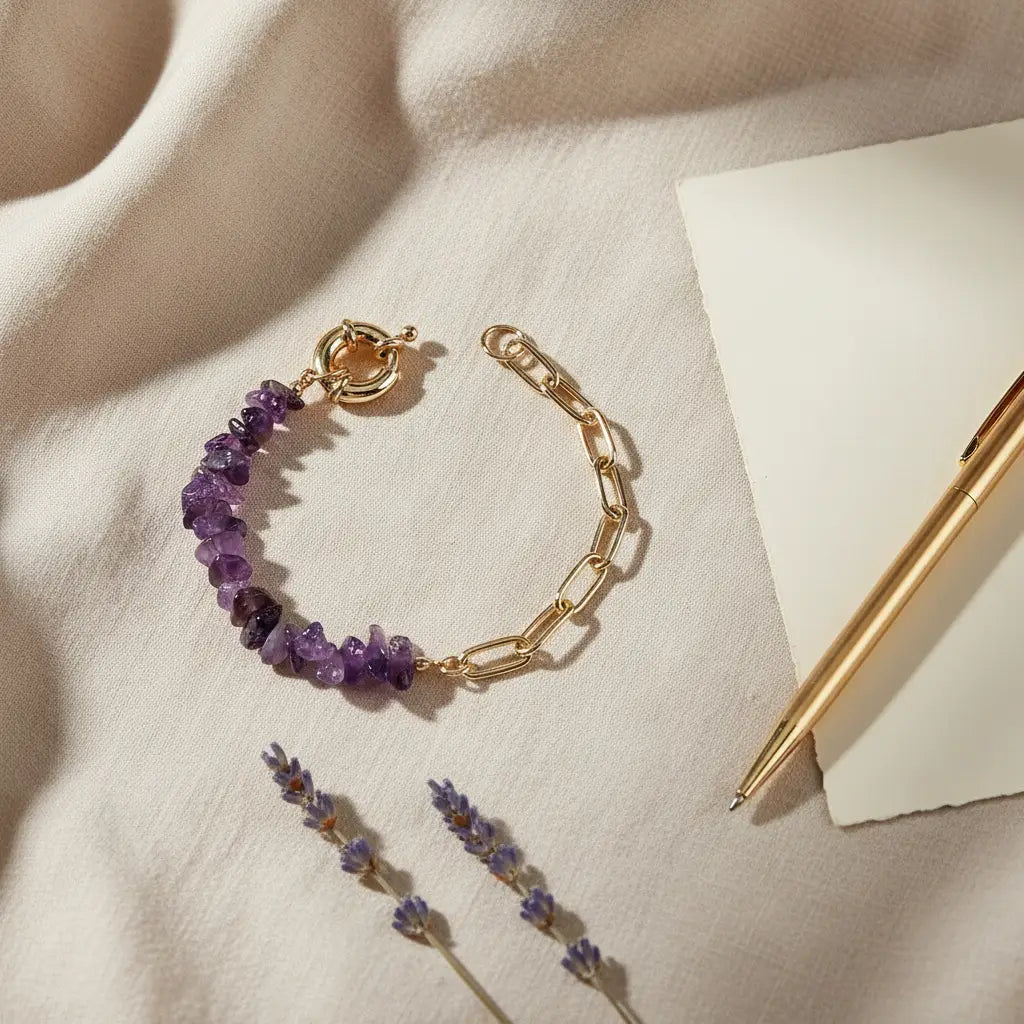 Cozy flat lay of a purple amethyst bead bracelet with gold paperclip chain segment styled on soft beige fabric next to a gold pen, blank card and sprigs of dried lavender for a calm, journaling-inspired mood | Oria Jewel