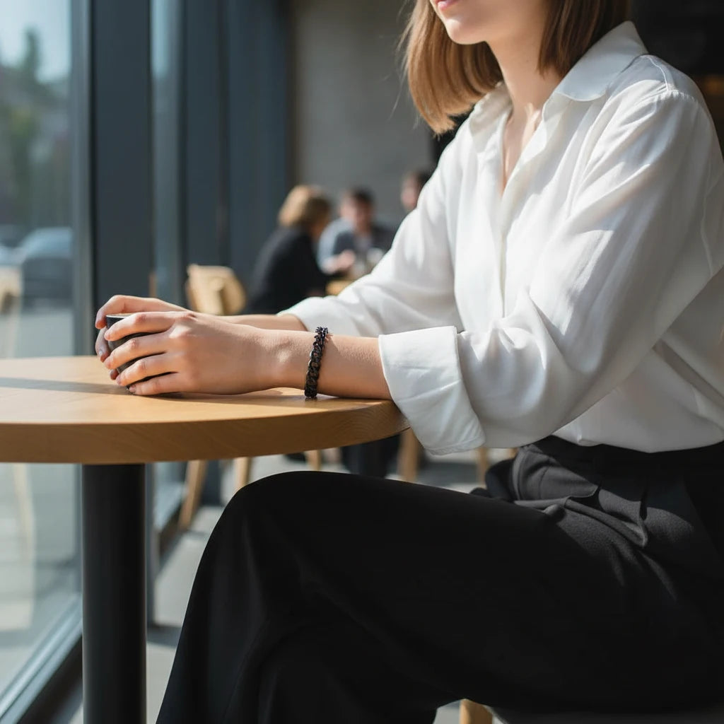 Woman sitting at a café table in soft daylight, wearing a minimalist black chain bracelet on her wrist styled with a white blouse and black trousers, holding a cup with both hands, focus on the sleek black chain bracelet | Oria Jewel