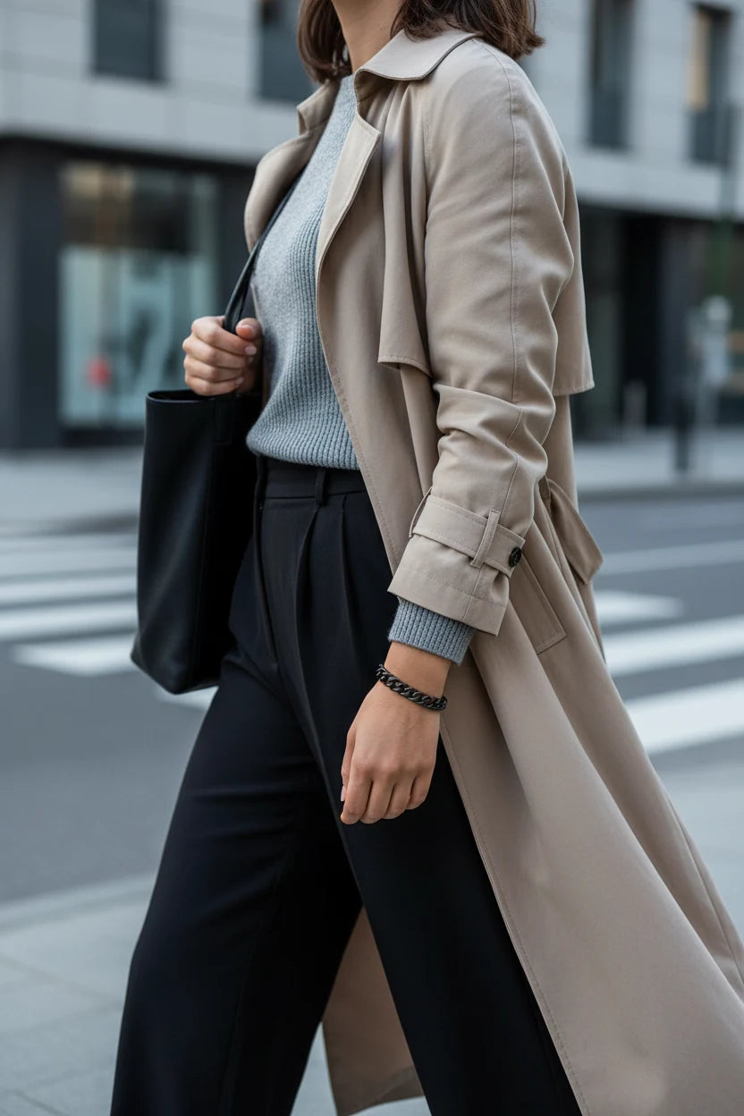 Street-style shot of a woman walking in the city wearing a beige trench coat and grey sweater, her arm down by her side showcasing a bold black chain bracelet that adds an edgy contrast to her neutral outfit | Oria Jewel