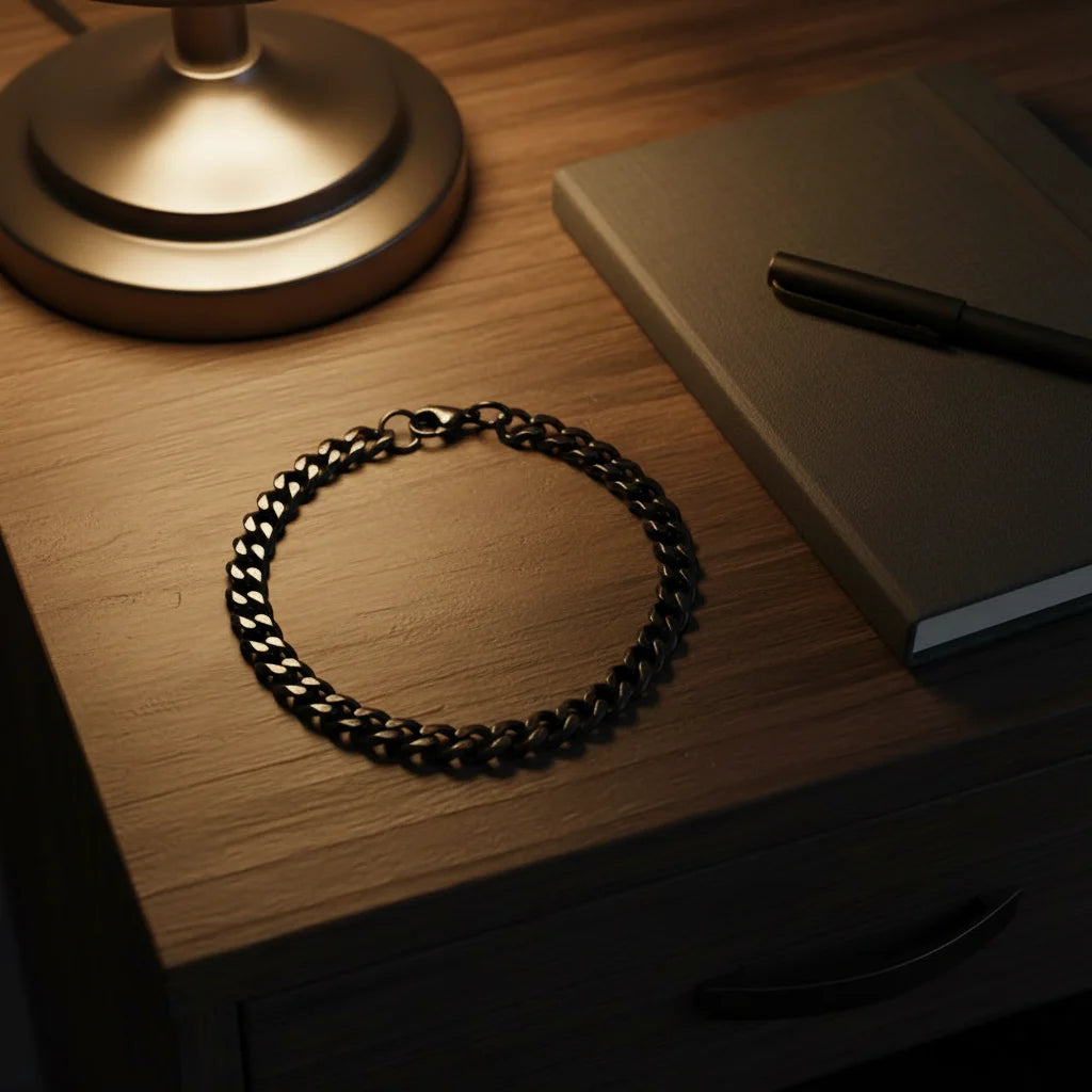 Close-up of a black chain bracelet resting on a wooden nightstand beside a warm glowing lamp and a closed notebook, captured in moody evening lighting to highlight the glossy black links of the bracelet | Oria Jewel