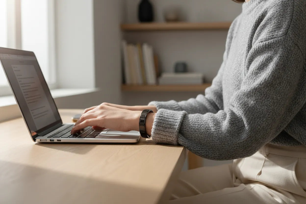 Close-up side view of a woman working on a laptop at a wooden desk, her grey knit sweater pushed back to reveal a minimalist piece from the black stainless steel stretch bracelets line, adding a polished touch to her workspace look | Oria Jewel