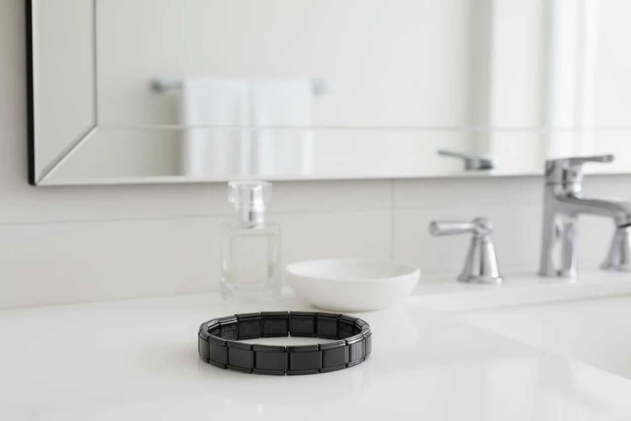 Bathroom counter vignette with a bracelet from the black stainless steel stretch bracelets line placed beside a glass perfume bottle, white dish, and chrome faucet, highlighting its contemporary design in a clean, minimal setting | Oria Jewel