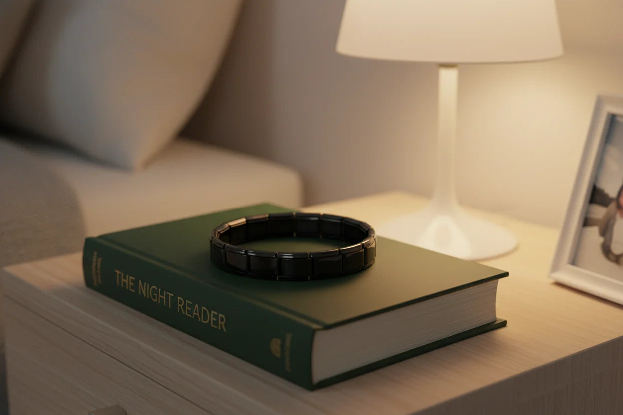 Cozy bedside scene showing a bracelet from the black stainless steel stretch bracelets collection resting on a green hardcover book titled “The Night Reader,” illuminated by a warm table lamp for an intimate nightstand detail | Oria Jewel