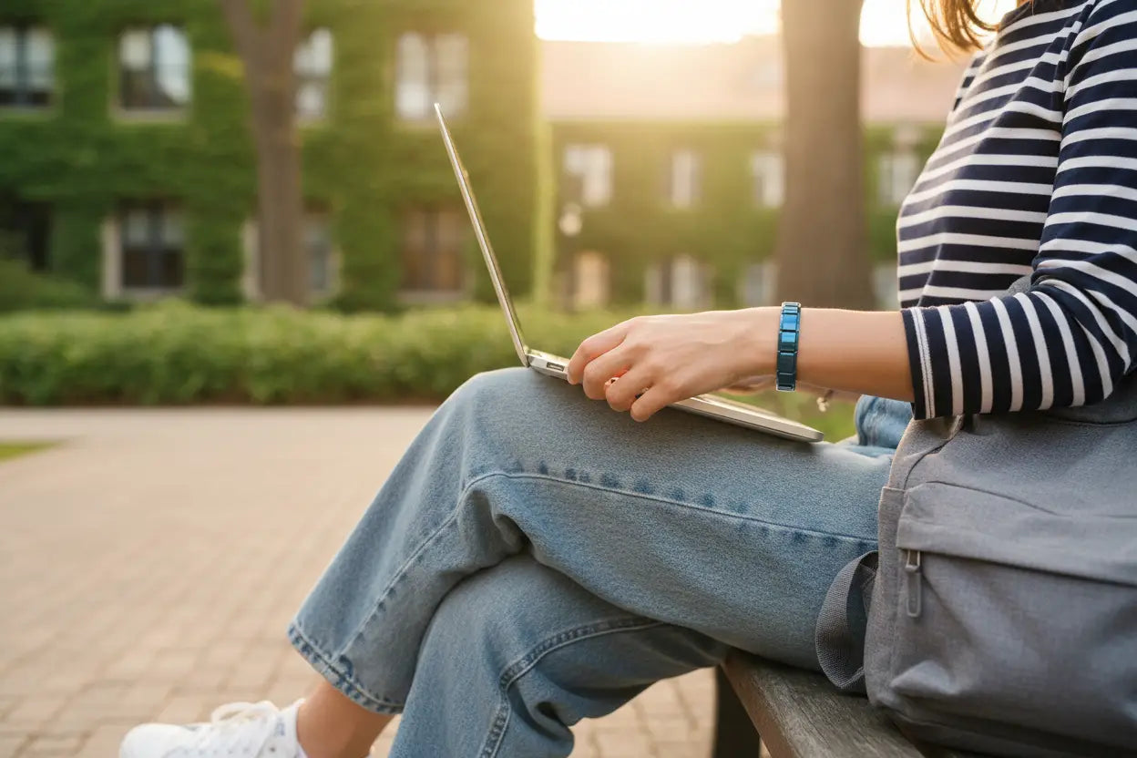 Casual outdoor scene of a woman working on a laptop on a park bench at golden hour, with a modern blue stainless steel stretch bracelets on her wrist standing out against her striped top and blue jeans | Oria Jewel