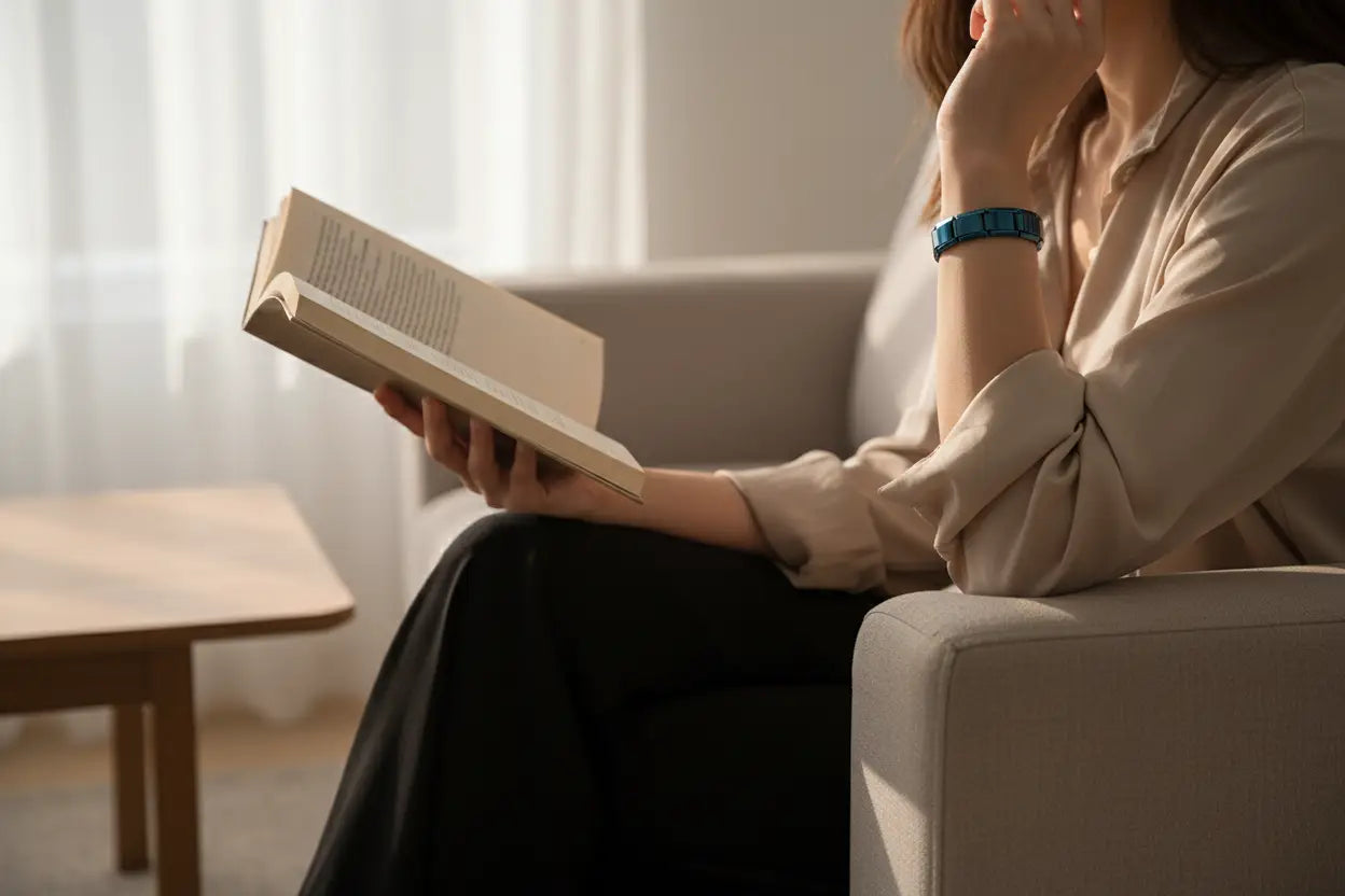 Cozy indoor moment of a woman reading on a sofa near soft curtains, wearing a chic blue stainless steel stretch bracelets that contrasts gently with her neutral blouse and adds a modern accent to her relaxed look | Oria Jewel