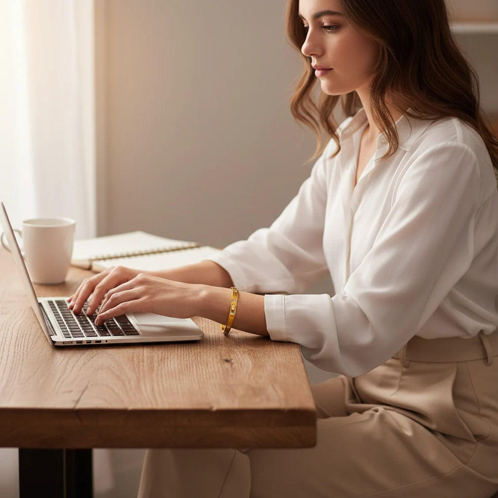 Professional workspace scene with a woman typing on a laptop at a wooden desk, styled in neutral tones and accessorized with a gold crystal cuff bracelet | Oria Jewel