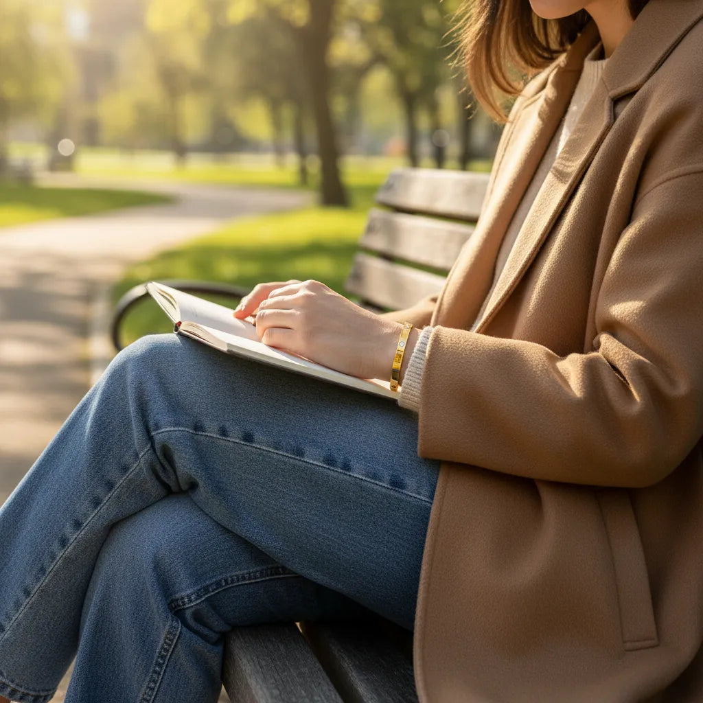 Casual outdoor moment of a woman sitting on a park bench in a camel coat and jeans, reading a notebook while the gold crystal cuff bracelet catches the sunlight | Oria Jewel