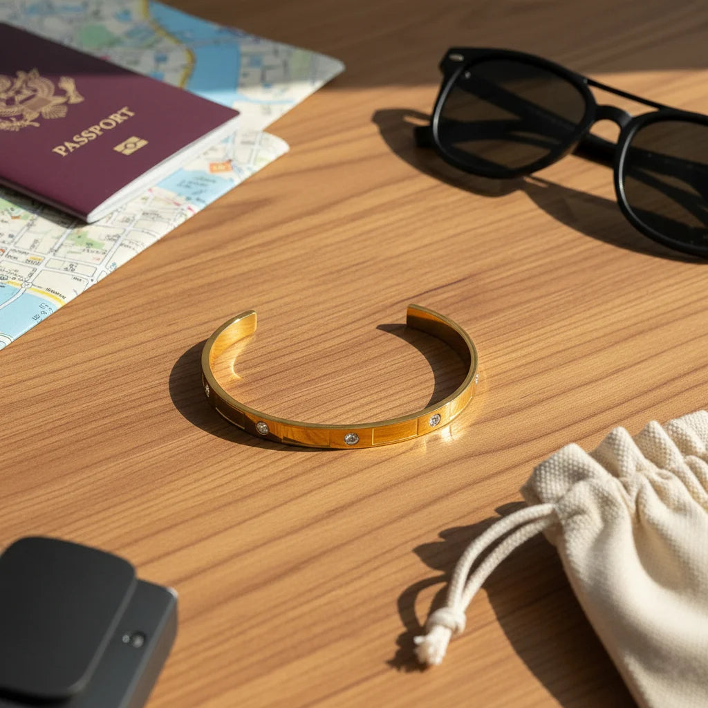 Travel-inspired flat lay with a gold crystal cuff bracelet on a wooden surface next to a passport, sunglasses, map and drawstring pouch | Oria Jewel